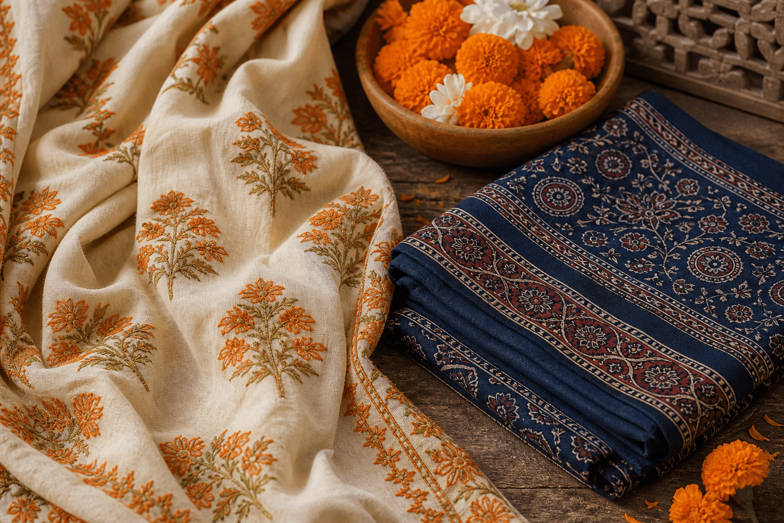 Phulkari dupatta and indigo ajrak fabric with marigolds — Pakistani heritage crafts at Aneela & Sons