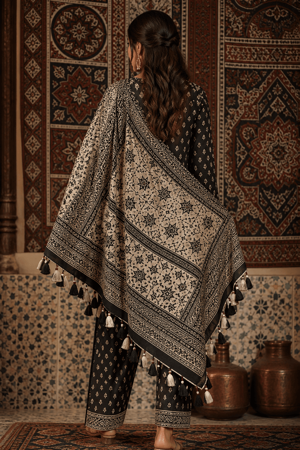 Hyderabad Ajrak Lawn Pret by Aneela & Sons — Pakistani lawn in lawn with ajrak, front view, sindh