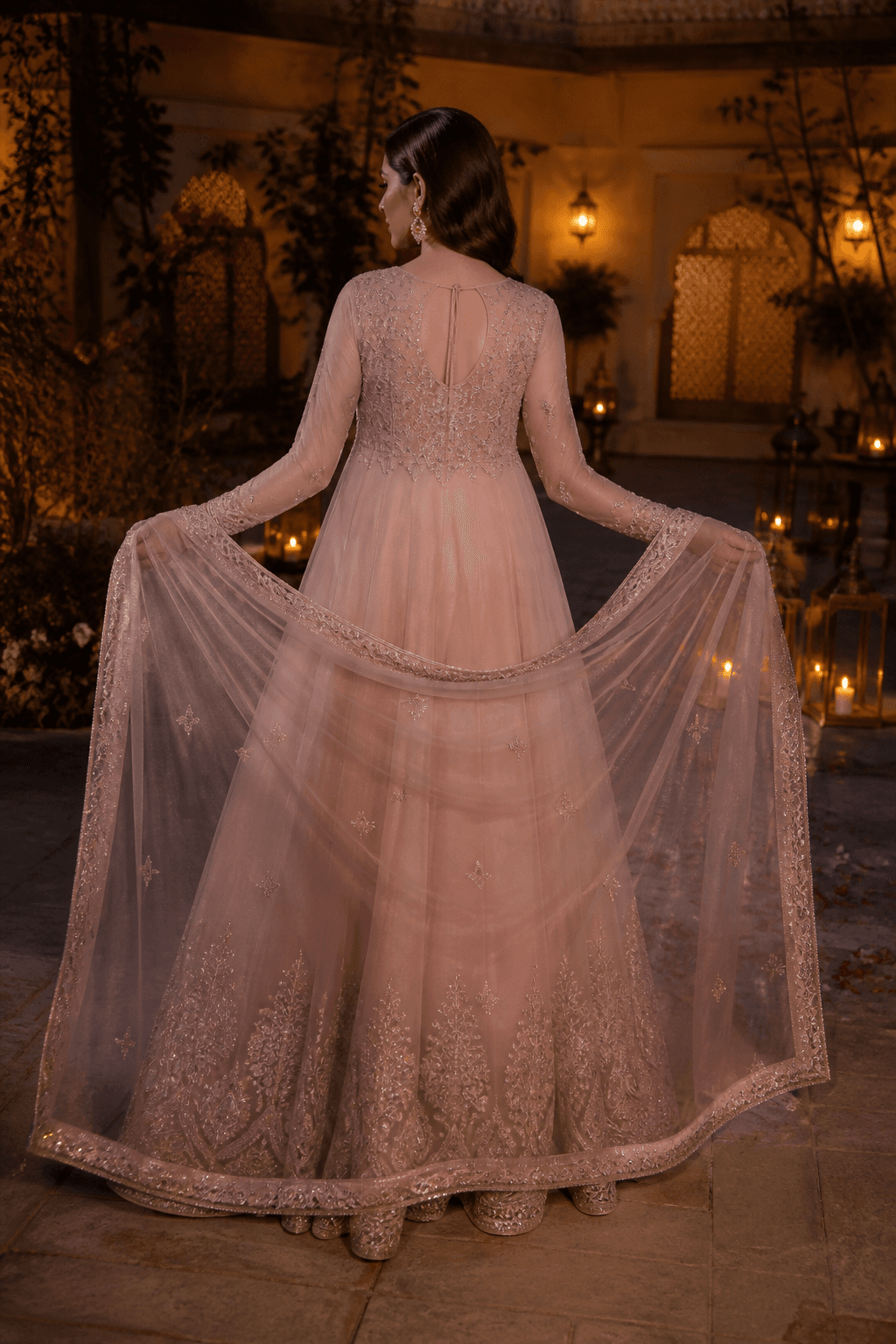 Sitarah Net Lehenga by Aneela & Sons — Pakistani bridal in net with mukesh, alternate angle, lahore
