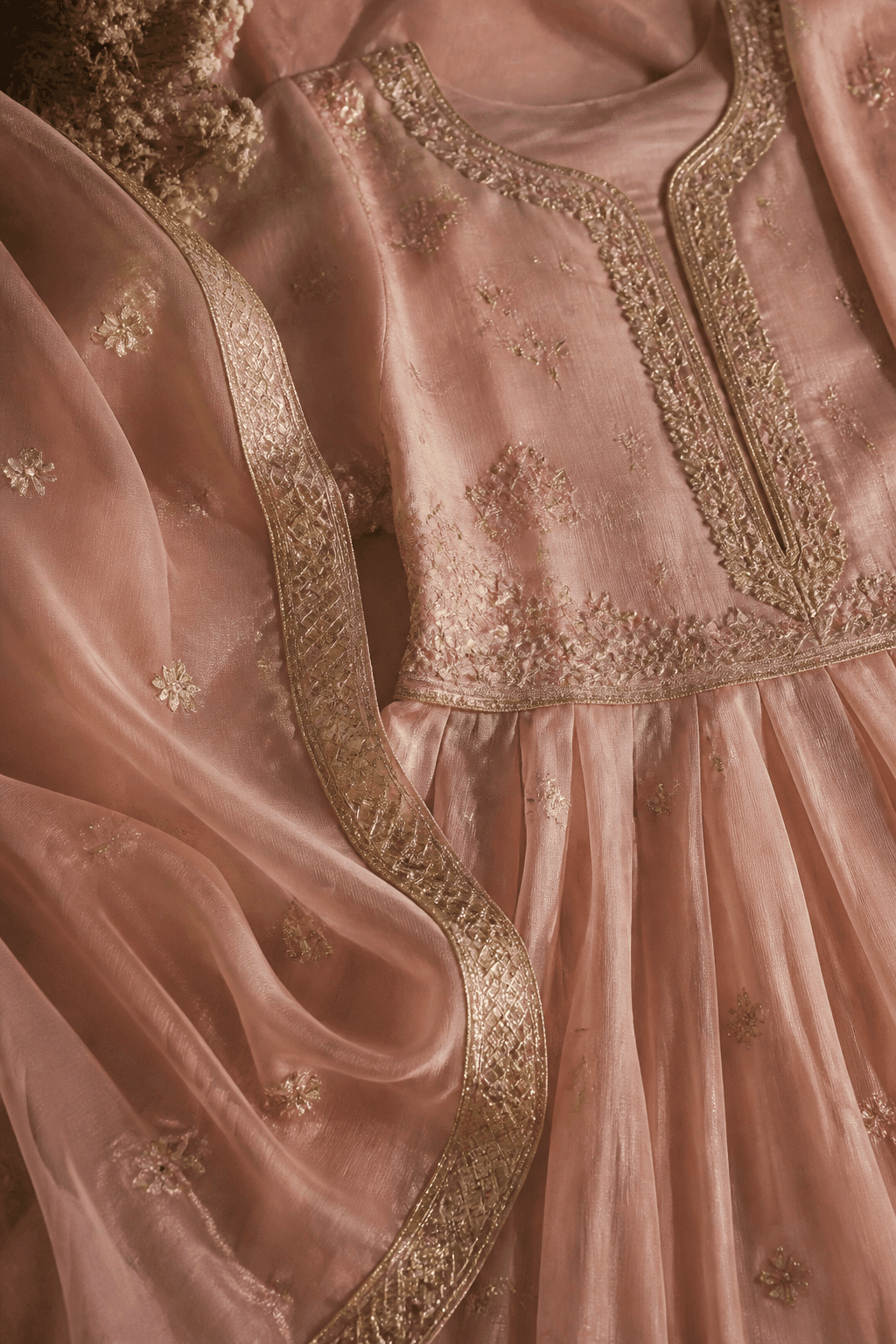 Mayun Blush Lehenga by Aneela & Sons — Pakistani bridal in organza with zardozi, cloth and embroidery detail, lahore