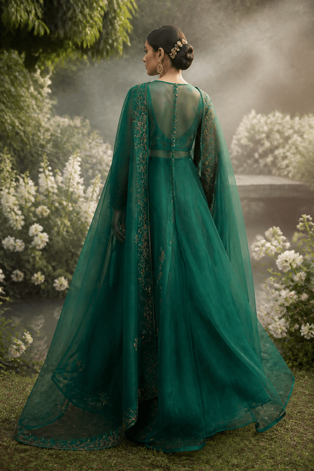 Jinnah Garden Organza Dupatta by Aneela & Sons — Pakistani dupatta in organza with gotta, alternate angle, lahore