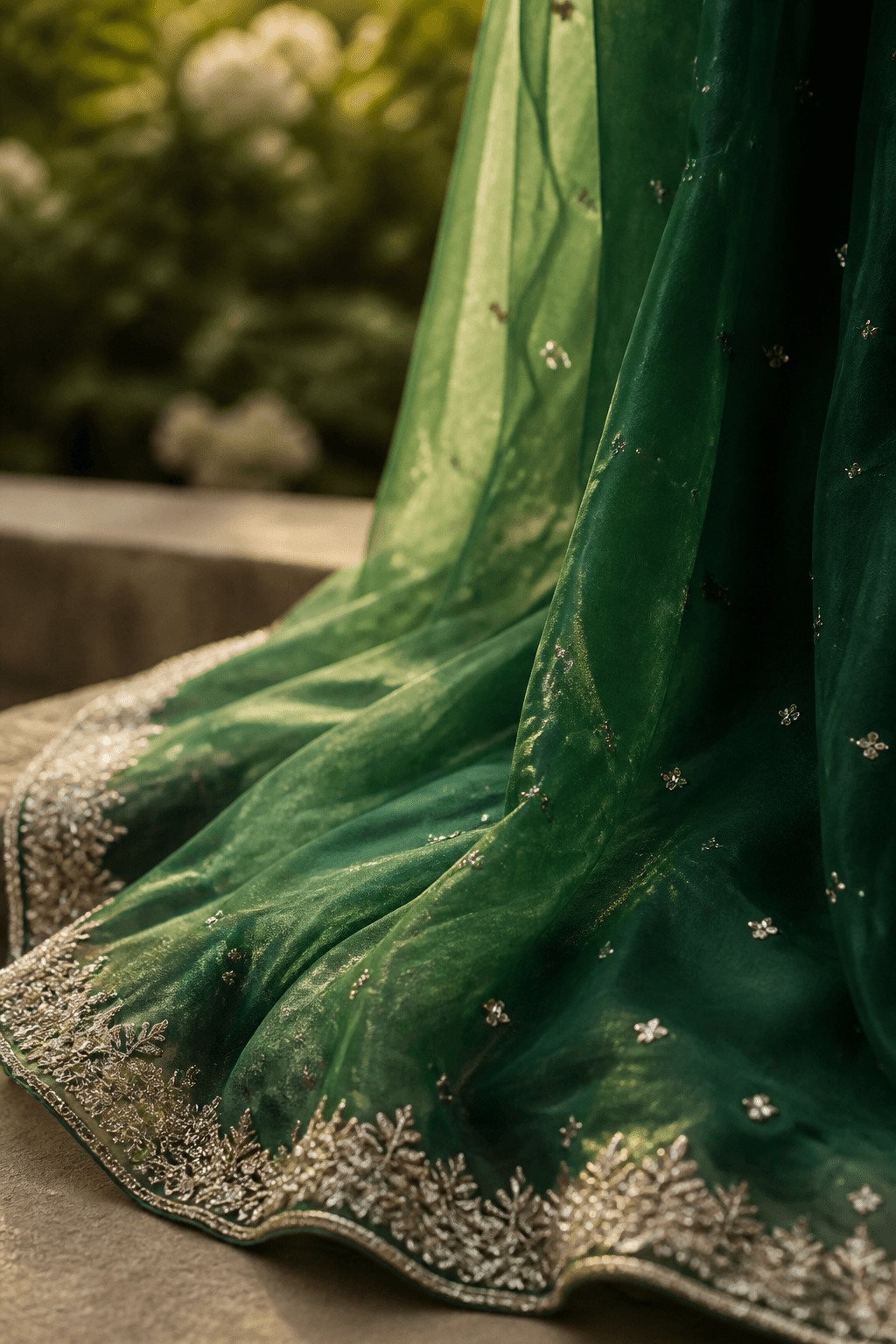 Jinnah Garden Organza Dupatta by Aneela & Sons — Pakistani dupatta in organza with gotta, cloth and embroidery detail, lahore