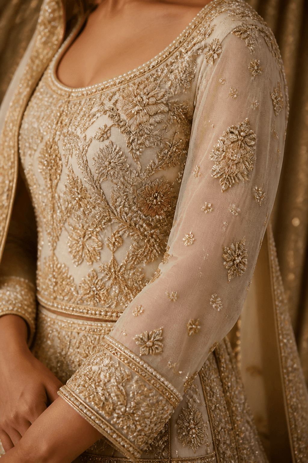 Farah Ivory Gharara by Aneela & Sons — Pakistani bridal in organza with gotta, cloth and embroidery detail, lahore