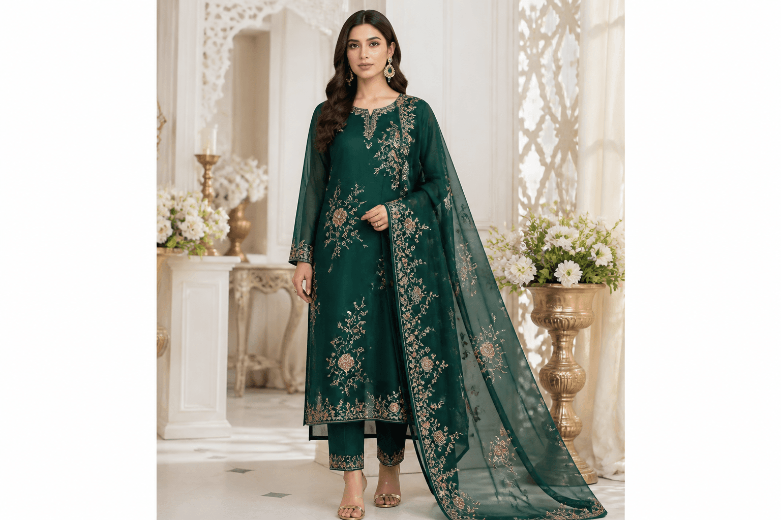 Chand Raat Emerald Chiffon by Aneela & Sons — Pakistani formals in chiffon with resham, front view, lahore
