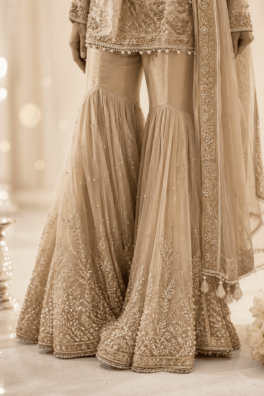 Haldi Note Peplum by Aneela & Sons — Pakistani formals in raw-silk with mirror, cloth and embroidery detail, punjab
