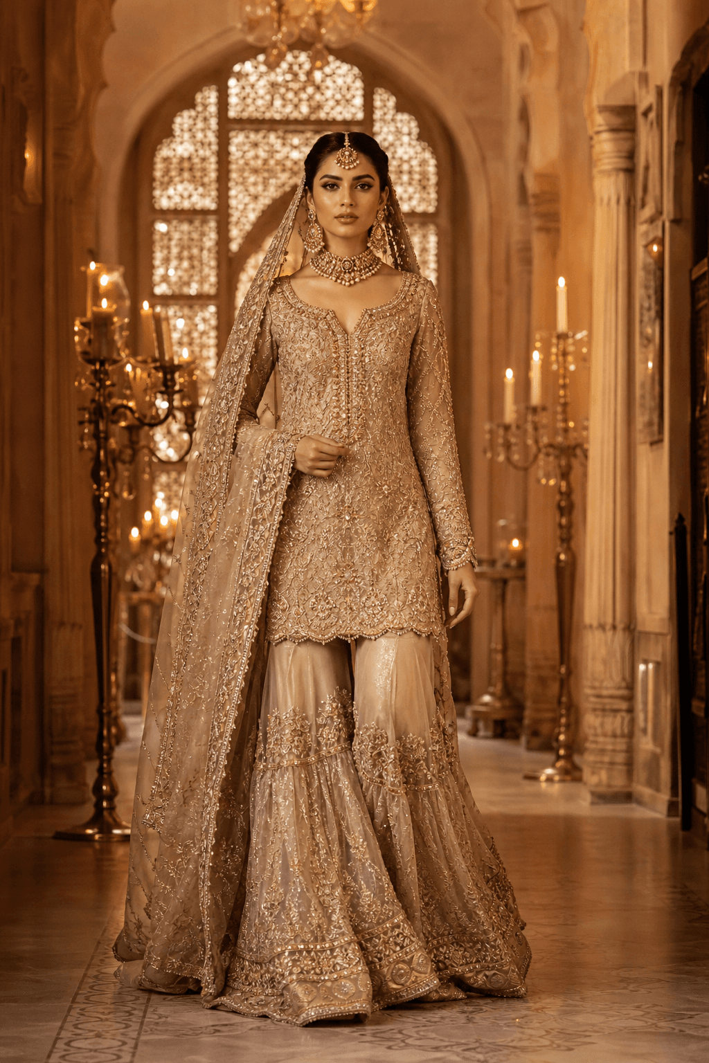 Meherunnisa Champagne Sharara by Aneela & Sons — Pakistani bridal in organza with zardozi, alternate angle, lahore