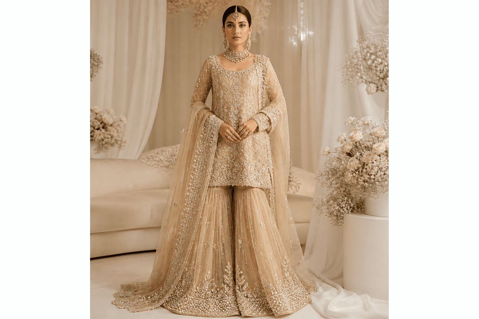Meherunnisa Champagne Sharara by Aneela & Sons — Pakistani bridal in organza with zardozi, front view, lahore