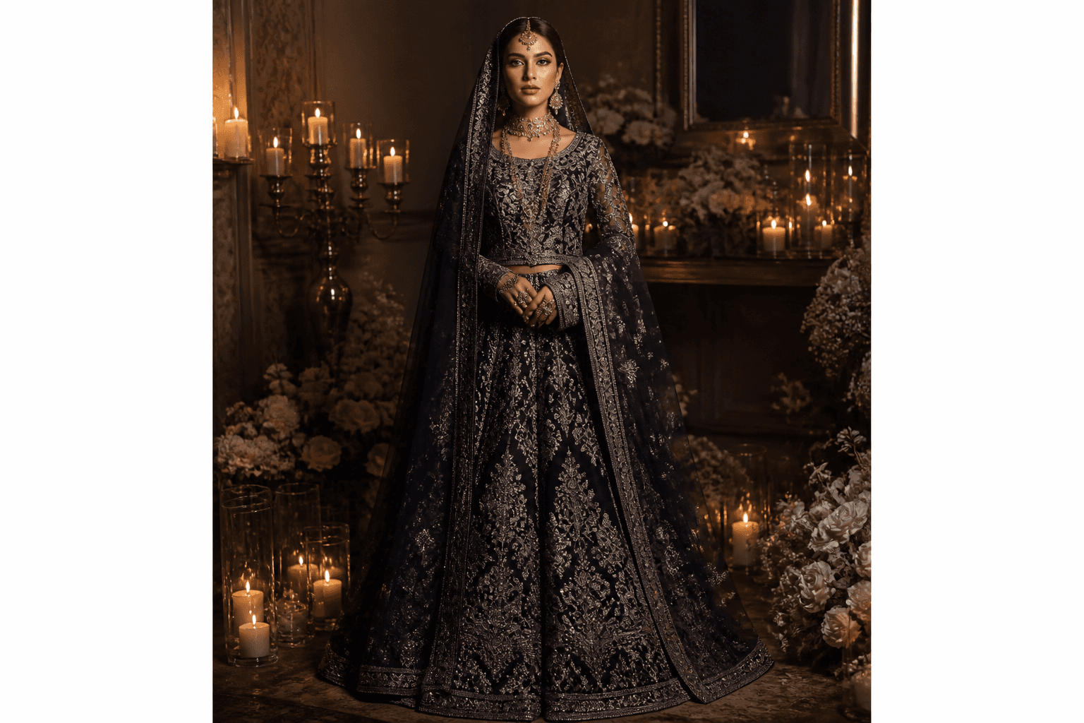 Shab-e-Nikaah Ink Lehenga by Aneela & Sons — Pakistani bridal in silk with zardozi, front view, lahore