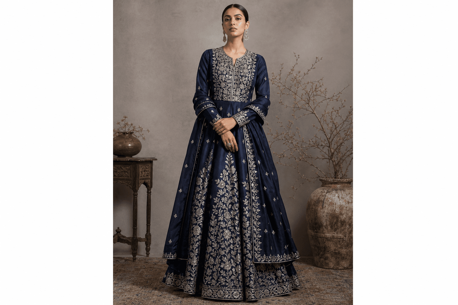 Ravi Dusk Anarkali by Aneela & Sons — Pakistani formals in silk with tilla, front view, kashmir