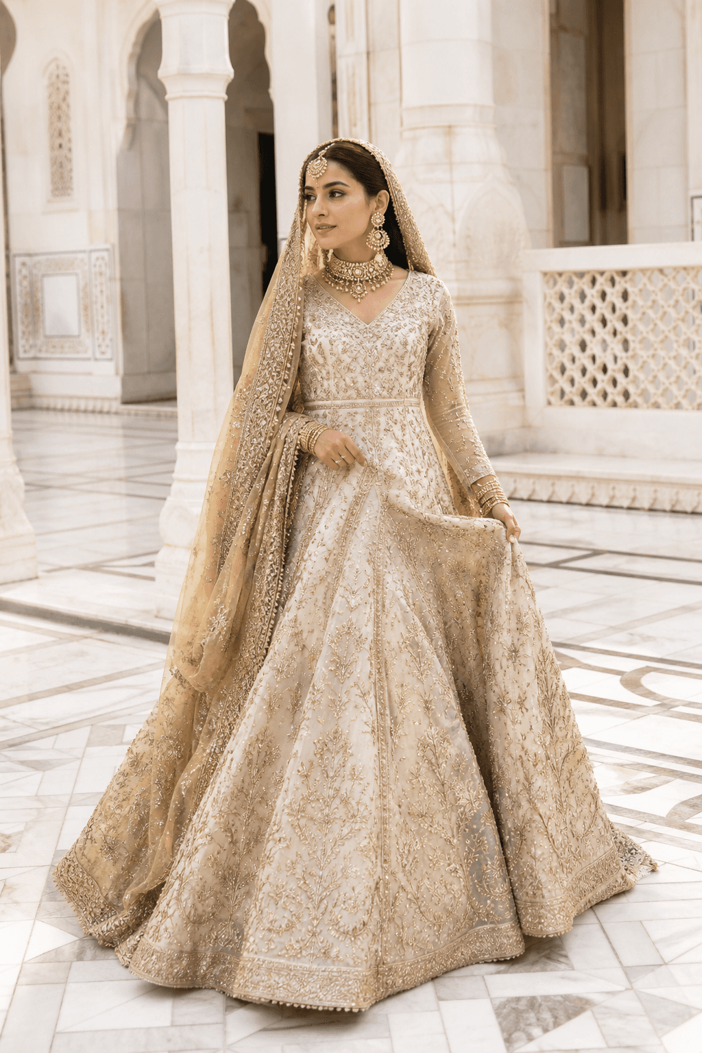 Farah Ivory Gharara by Aneela & Sons — Pakistani bridal in organza with gotta, alternate angle, lahore