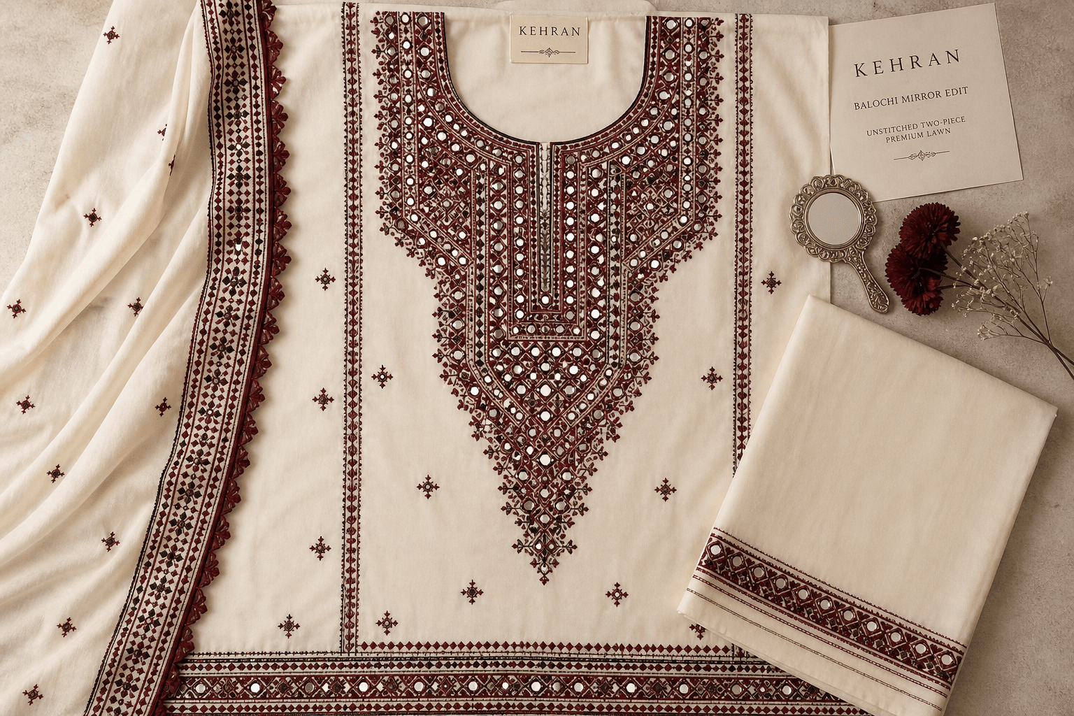 Kehran Mirror Unstitched by Aneela & Sons — Pakistani unstitched in lawn with mirror, front view, balochistan