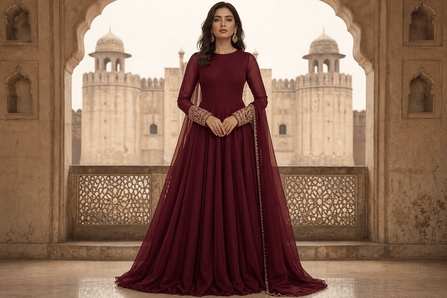 Lahore Fort Maroon Formal by Aneela & Sons — Pakistani formals in chiffon with zardozi, front view, lahore