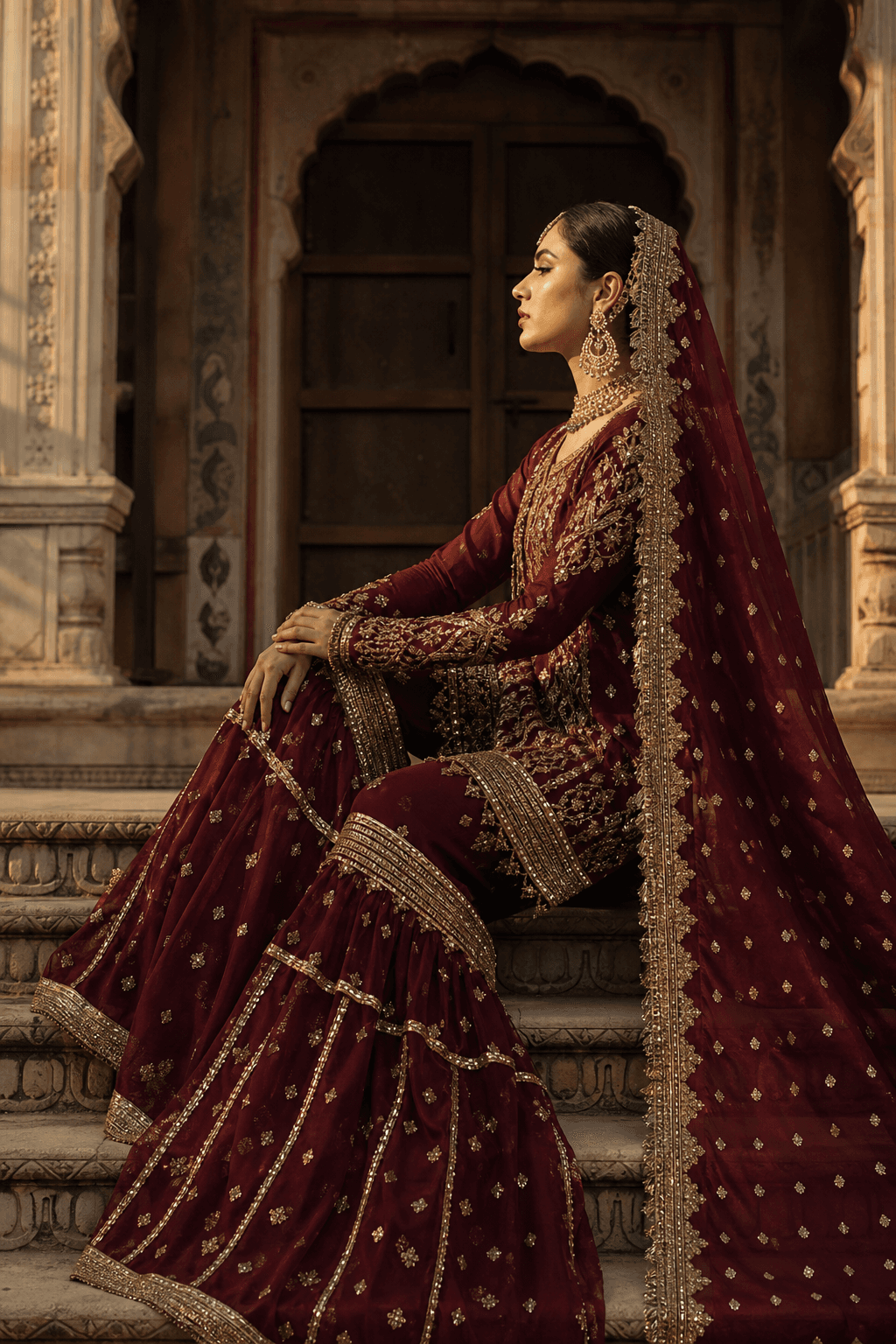 Shalimar Maroon Gharara by Aneela & Sons — Pakistani bridal in silk with gotta, alternate angle, lahore