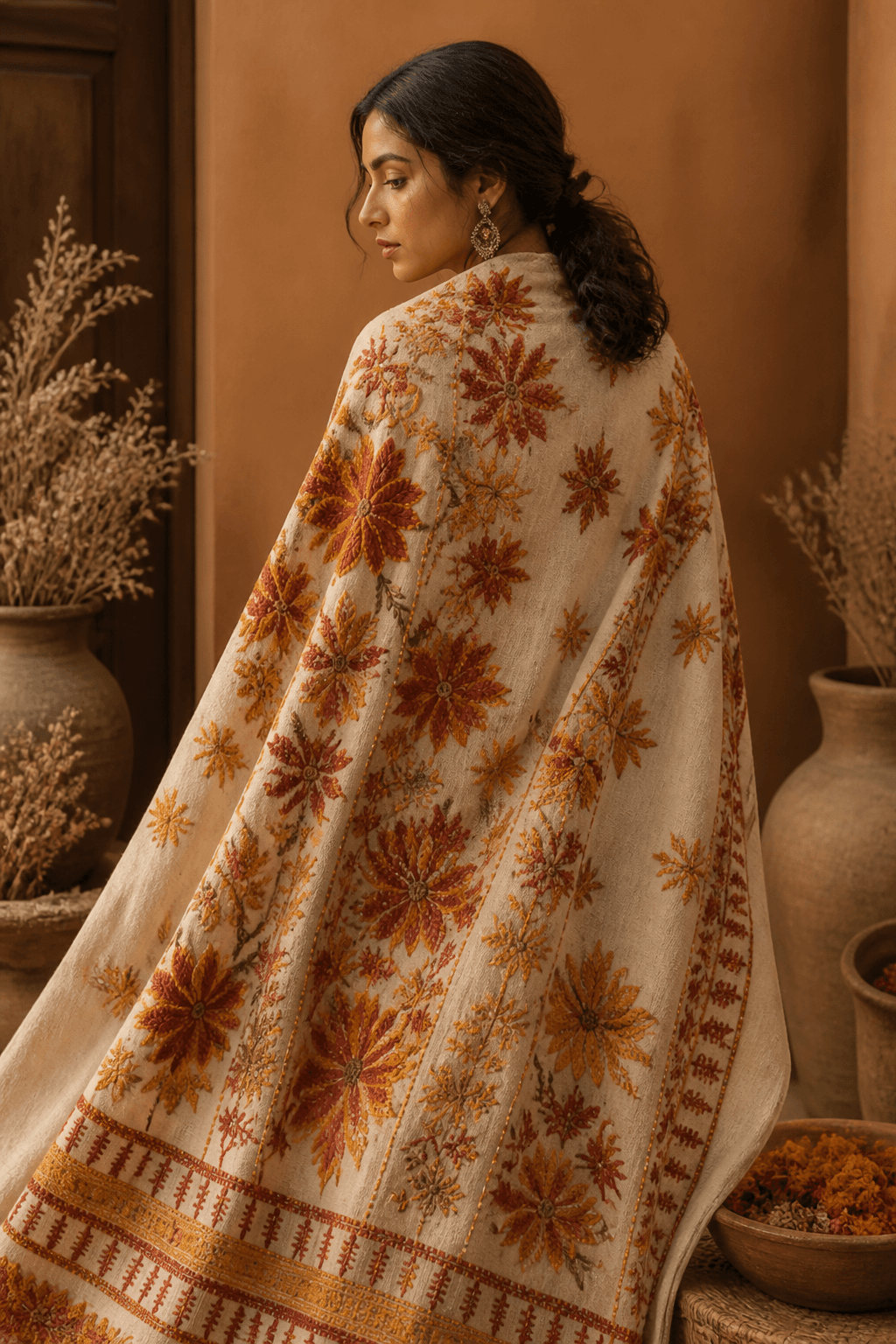 Bagh Phulkari Shawl by Aneela & Sons — Pakistani dupatta in khaddar with phulkari, front view, punjab
