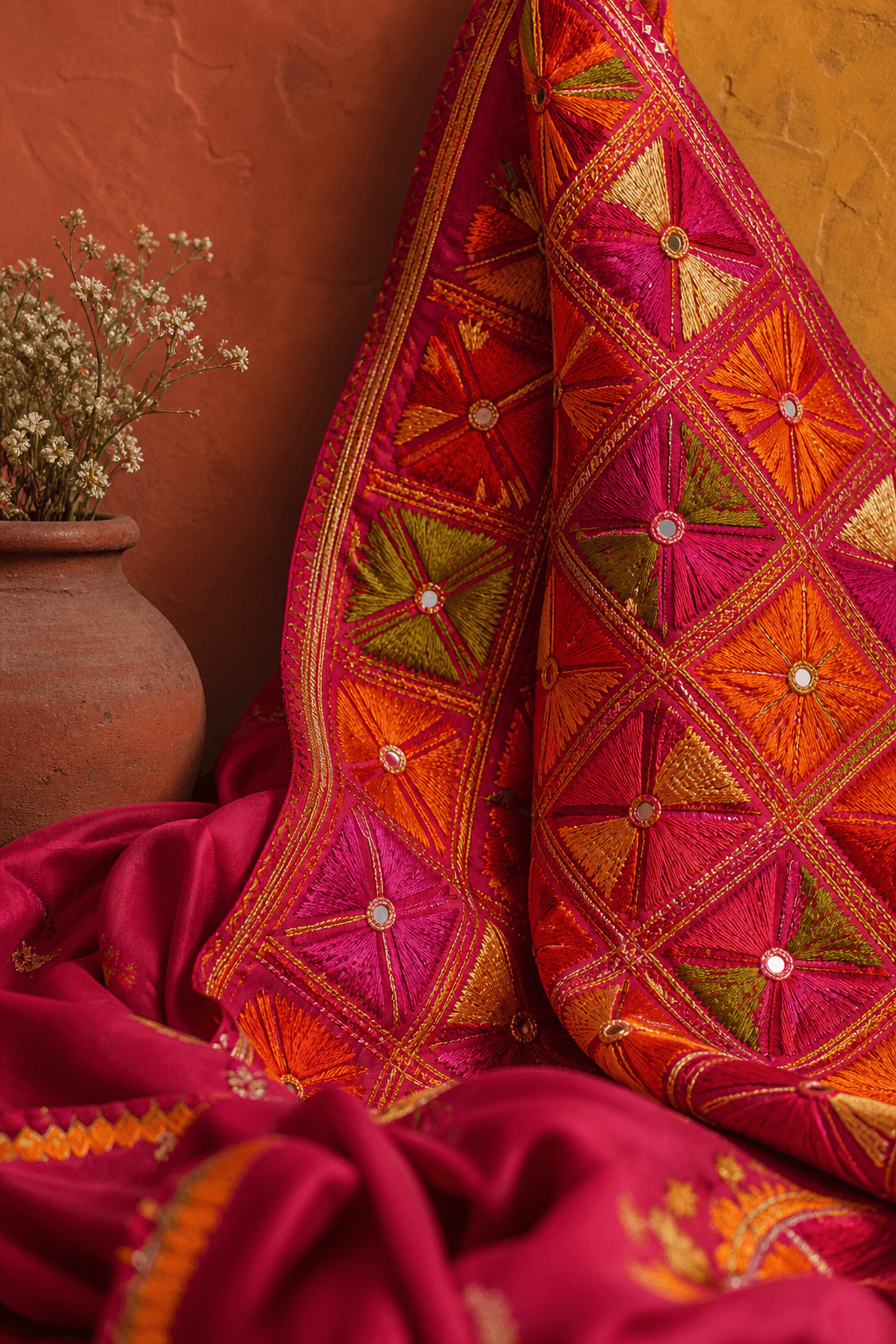 Anarkali Bazaar Khaddar by Aneela & Sons — Pakistani pret in khaddar with phulkari, front view, punjab