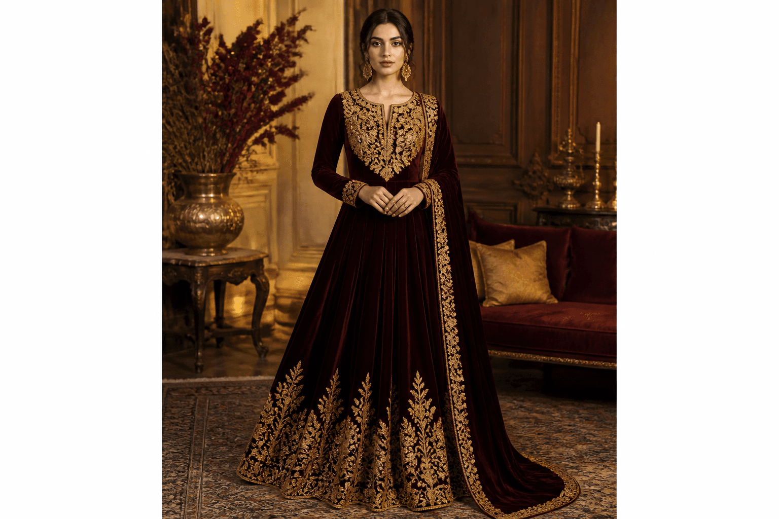 Quaid Winter Maroon Velvet by Aneela & Sons — Pakistani formals in velvet with tilla, front view, kashmir